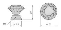 91007 - Knopka 30mm, křišťál/zlatá